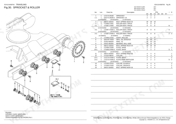 Yanmar ViO20-3 parts catalog — traveling sprocket and track roller exploded view