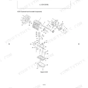 Yanmar ViO23-6 exploded view diagram of engine crankshaft, camshaft, piston, and oil pan components.