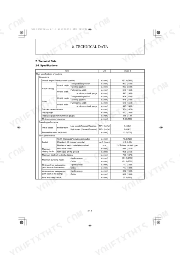 Yanmar ViO23-6 technical data table showing machine dimensions, traveling performance, and work performance specifications.