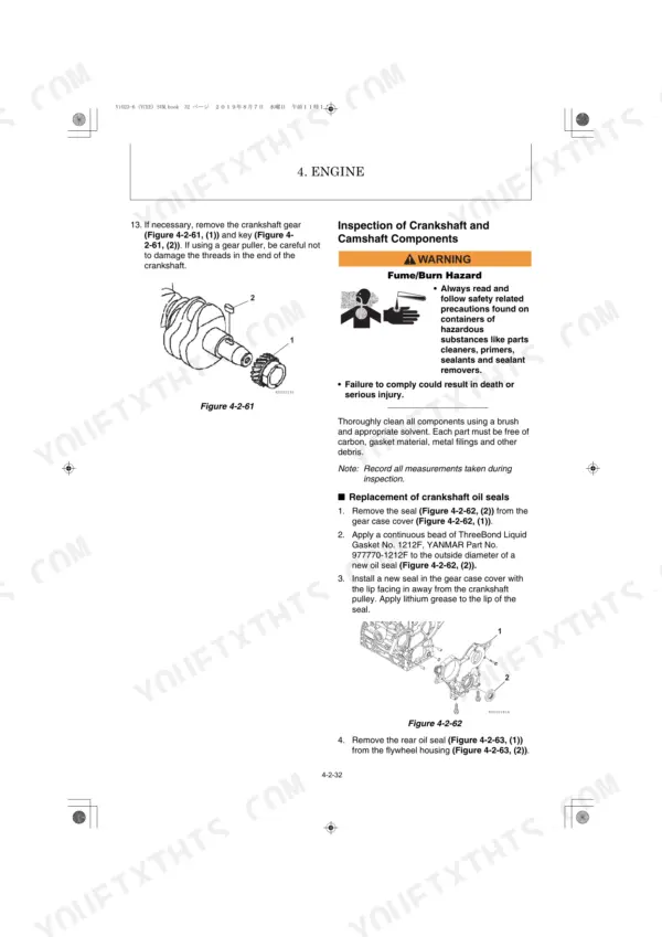 Yanmar ViO23-6 engine service manual: crankshaft gear removal and oil seal replacement procedures with component diagrams.