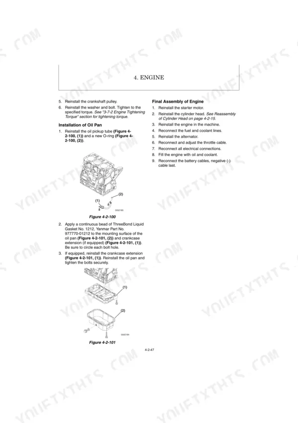 Yanmar ViO25-6 engine service manual: oil pan installation and final engine assembly procedures with component diagrams.