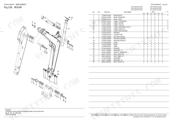 Yanmar VIO25-6A boom assembly exploded view diagram and parts list with pins, shims, and bushings.