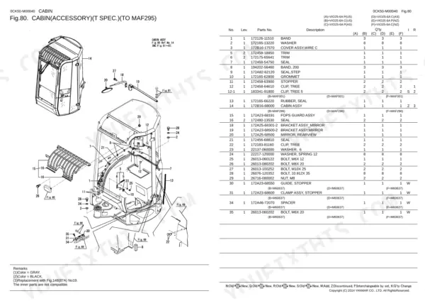 Yanmar VIO25-6A cabin accessory parts diagram and list showing mirror, seals, and hardware components.