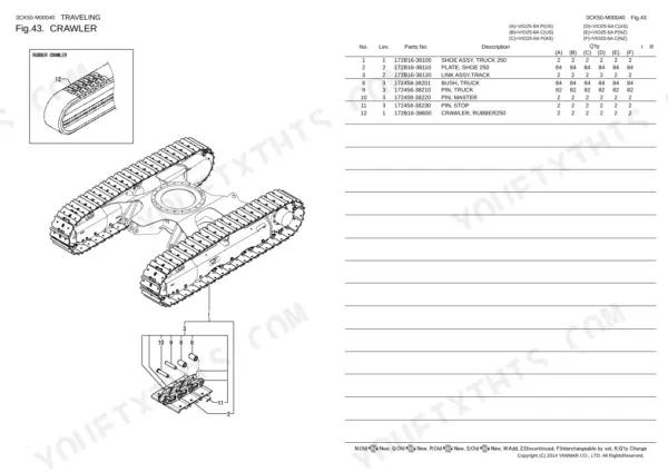 Yanmar VIO25-6A crawler parts diagram and list showing rubber track, shoe assembly, truck pins, and bushings.