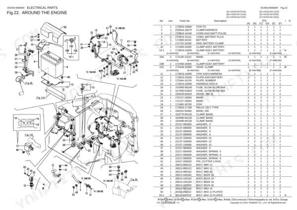 Yanmar VIO25-6A electrical parts diagram showing battery, wiring harness, fuses, and mounting hardware components.