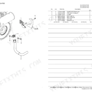 Yanmar VIO25-6A exploded view of engine muffler assembly, including exhaust pipe, guard, clamp, and hardware parts list.