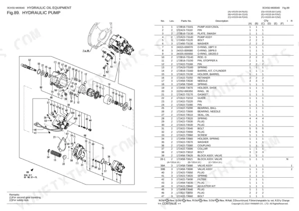 Yanmar VIO25-6A hydraulic pump exploded view diagram and parts list with component reference numbers.