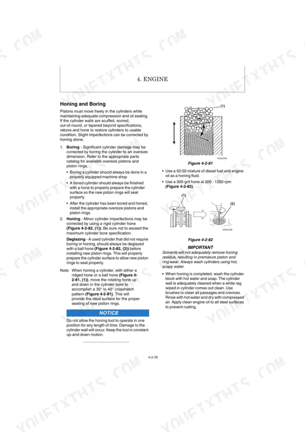 Yanmar ViO25-6L engine service manual page showing cylinder boring, honing, and deglazing procedures with tool diagrams.