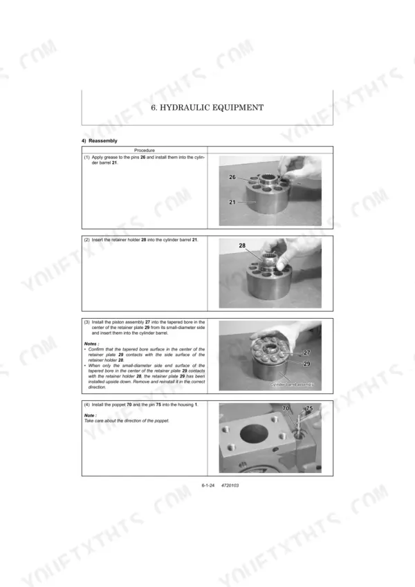 Yanmar ViO27-2, ViO35-2 hydraulic equipment reassembly procedure for cylinder barrel, retainer holder, and piston assembly.