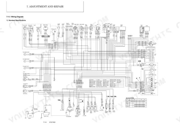 Yanmar ViO27-2, ViO35-2 standard electrical wiring diagram showing starter, fuse box, switches, and wire color codes.