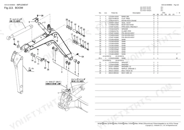 Yanmar ViO27-3 parts catalog — boom assembly exploded view and parts list