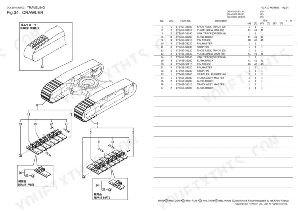 Yanmar ViO27-3 parts catalog — rubber track and chassis assembly diagram