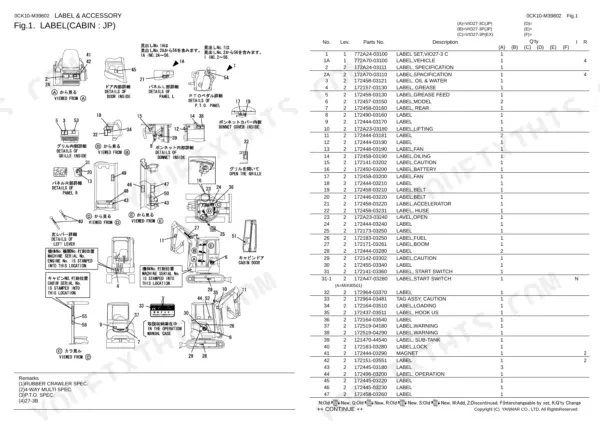 Yanmar ViO27-3 parts catalog — parts list with cabin labels and accessories