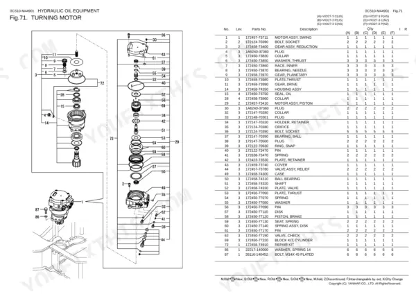 Yanmar ViO27-3 parts catalog — turning motor exploded view