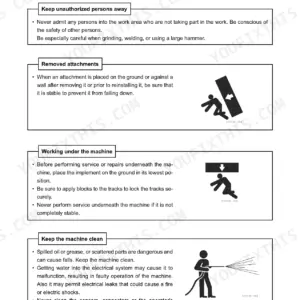 Yanmar VIO27-5, VIO35-5 service manual page covering safety precautions for servicing, attachments, and machine cleaning.