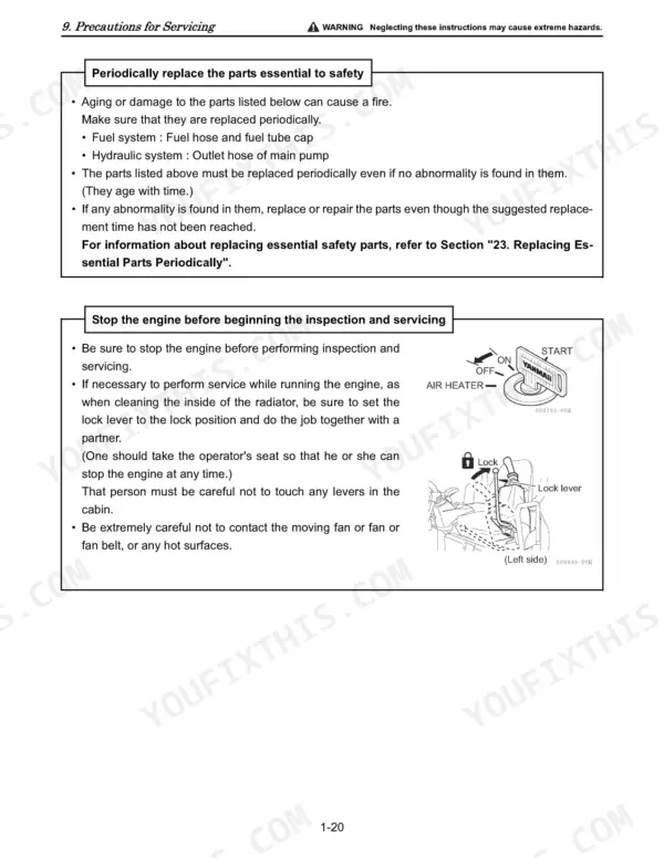 Yanmar VIO27-5, VIO35-5 service manual page covering safety precautions for servicing, engine shutdown, and lock lever operation.