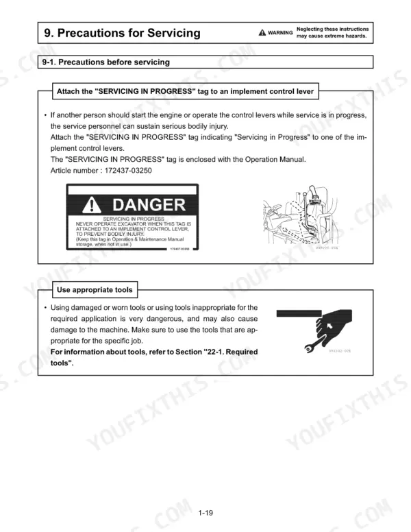 Yanmar VIO27-5, VIO35-5 service manual page showing safety precautions for servicing, control lever tags, and tool usage.