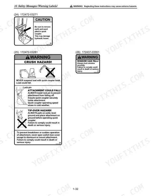 Yanmar VIO27-5, VIO35-5 safety warning labels for quick coupler, crush hazards, and falling window precautions.