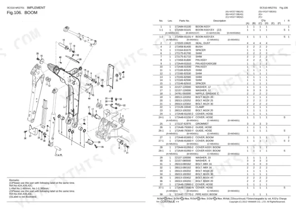 Yanmar Vio27-5B exploded view diagram and parts list for boom assembly, including pins, shims, bolts, and hose covers.