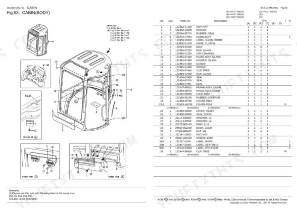 Yanmar Vio27-5B cabin body exploded view diagram and parts list for assembly components, hinges, and seals.