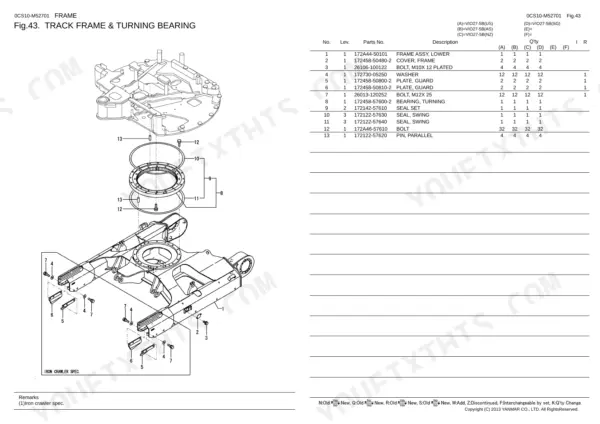 Yanmar Vio27-5B exploded view of track frame and turning bearing with parts list and component numbers.