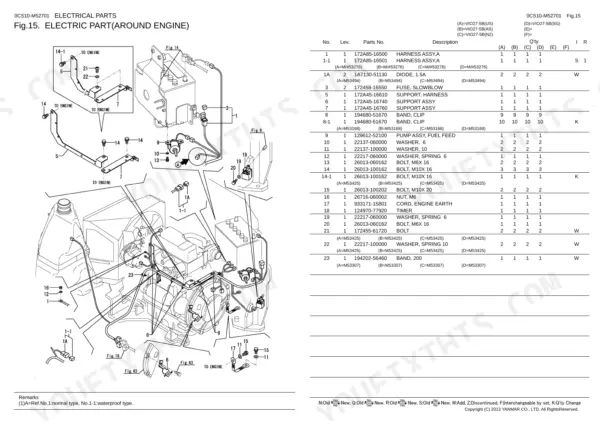 Yanmar Vio27-5B electrical parts diagram and parts list for engine area components including harness, fuse, and timer.