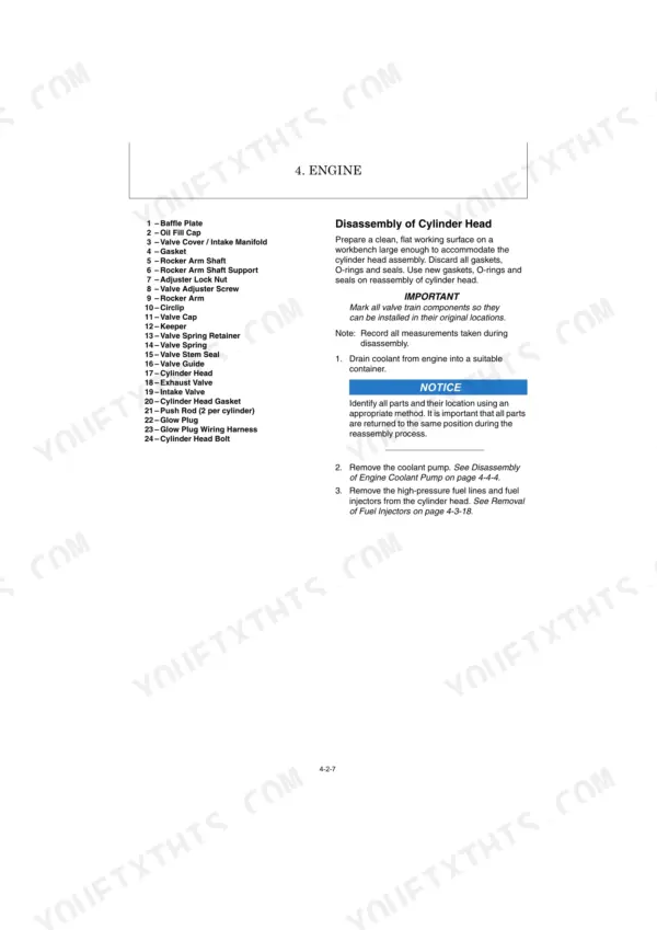 Yanmar ViO27-6 engine cylinder head disassembly procedure and parts list including valves, rocker arms, and glow plugs.