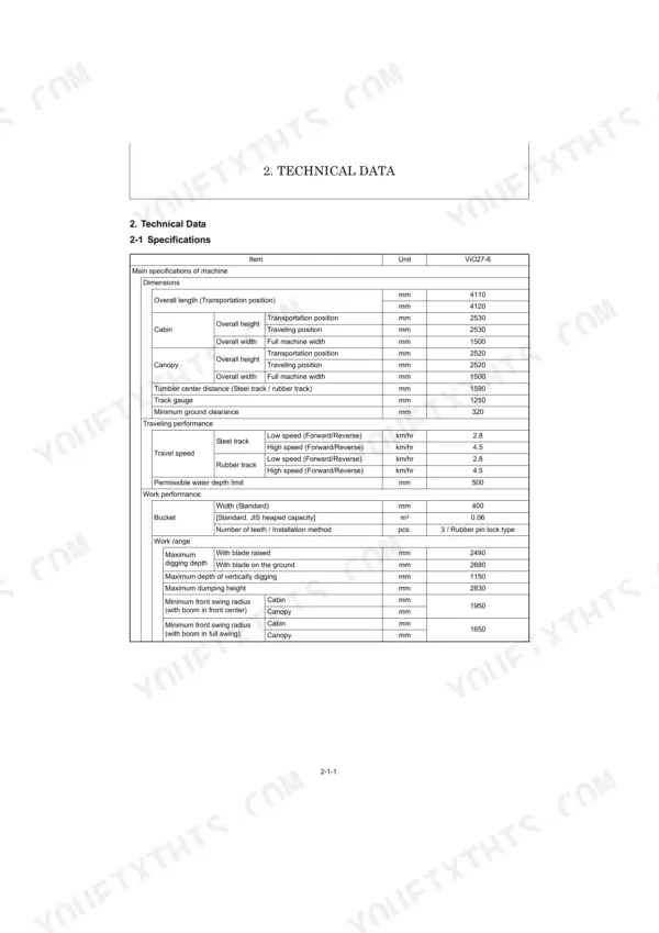 Yanmar ViO27-6 technical data table showing machine dimensions, traveling performance, and work range specifications.