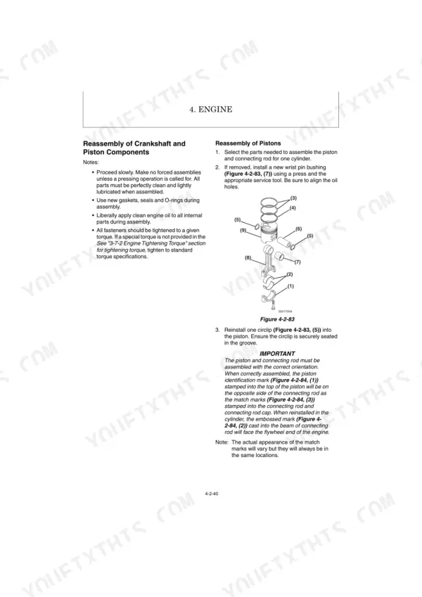 Yanmar ViO27-6 engine manual: Reassembly procedures for piston and connecting rod components with exploded view diagram.