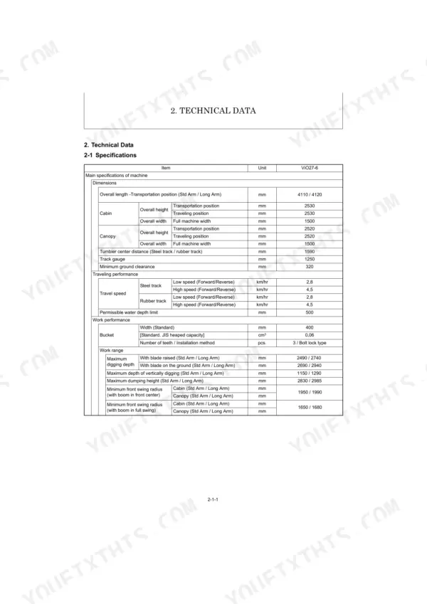 Yanmar ViO27-6 technical data table showing machine dimensions, traveling performance, and work range specifications.