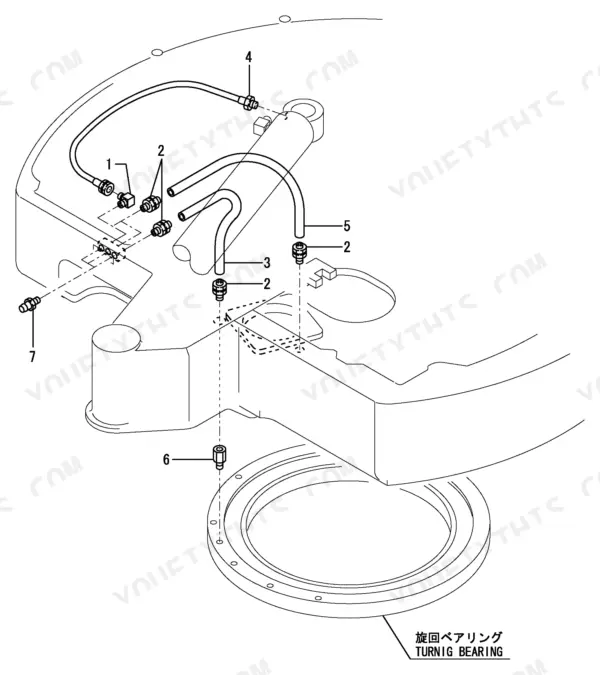 Yanmar ViO30-1 exploded view diagram showing hydraulic hoses and fittings connected to the swing turning bearing.