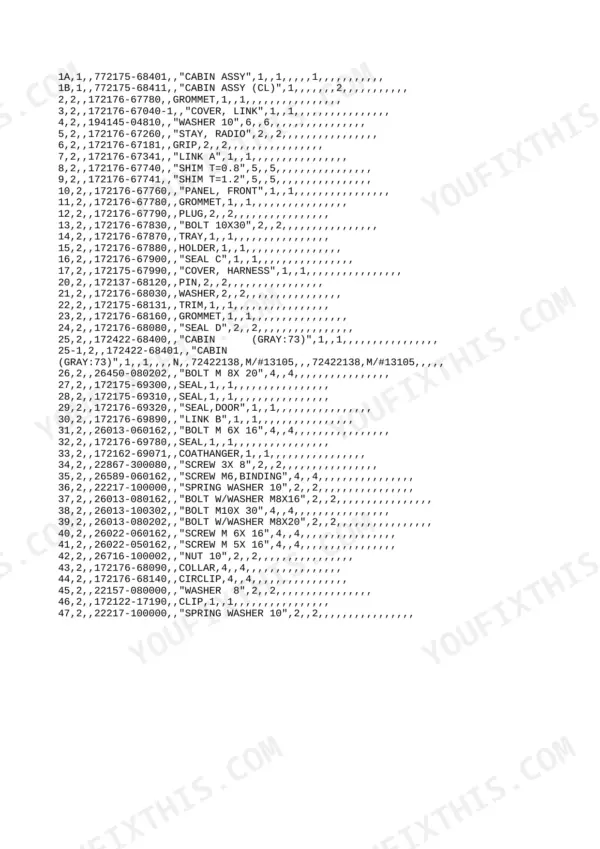 Yanmar ViO30-1 parts list for cabin assembly components including seals, bolts, grommets, and trim parts.