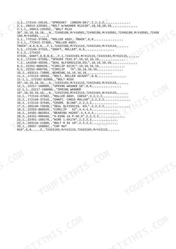 Yanmar ViO30-1 parts list for track rollers, sprockets, shafts, bearings, and seals with part numbers.