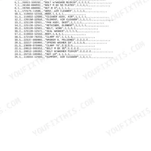 Yanmar ViO30-1 parts list for exhaust extension, muffler cover, and air cleaner assembly components.