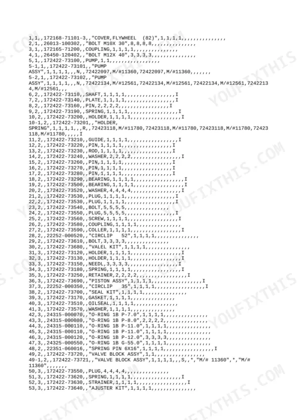 Yanmar ViO30-1 parts list for hydraulic pump, valve block, and related seals, pins, and hardware components.
