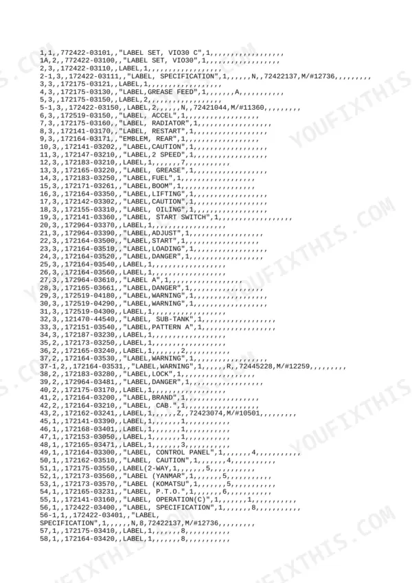 Yanmar ViO30-1 parts list table showing decal and label set part numbers, descriptions, and quantities.