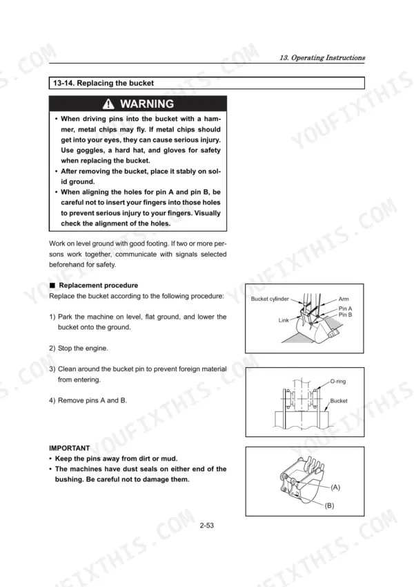 Yanmar VIO30-2, VIO35-2 (EP) bucket replacement procedure, safety warnings, and component diagrams for pins and O-rings.
