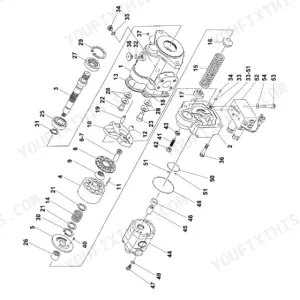 Yanmar ViO30-2, ViO35-2 hydraulic pump exploded view diagram showing internal components, housing, and valve assembly.