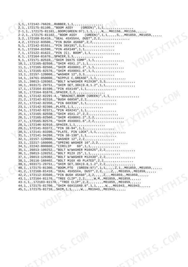 Yanmar VIO30-PR, VIO30-CR parts list for boom assembly, including pins, shims, bushings, and bolts.