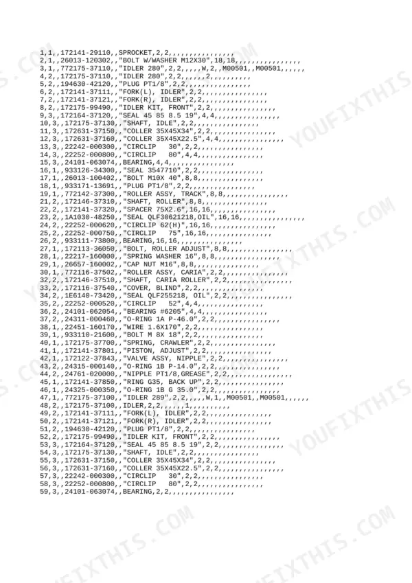Yanmar VIO30-PR, VIO30-CR parts list for track idler, roller, and sprocket components with part numbers and quantities.