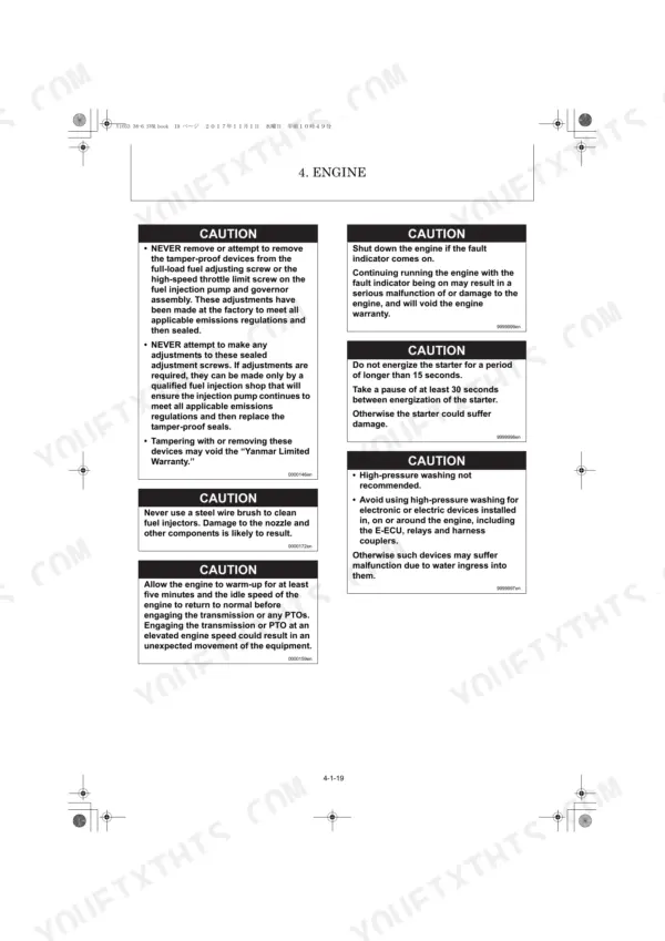 Yanmar ViO33-6, ViO38-6 engine service manual page showing safety cautions for fuel injection, starter, and washing.