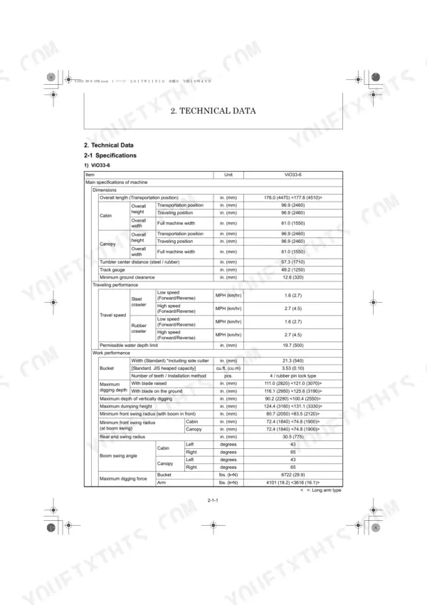 Yanmar ViO33-6, ViO38-6 technical data table listing machine dimensions, travel performance, and work performance specs.