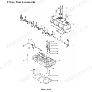 Yanmar ViO33U exploded view of cylinder head components, including rocker arms, valves, springs, and head gasket.