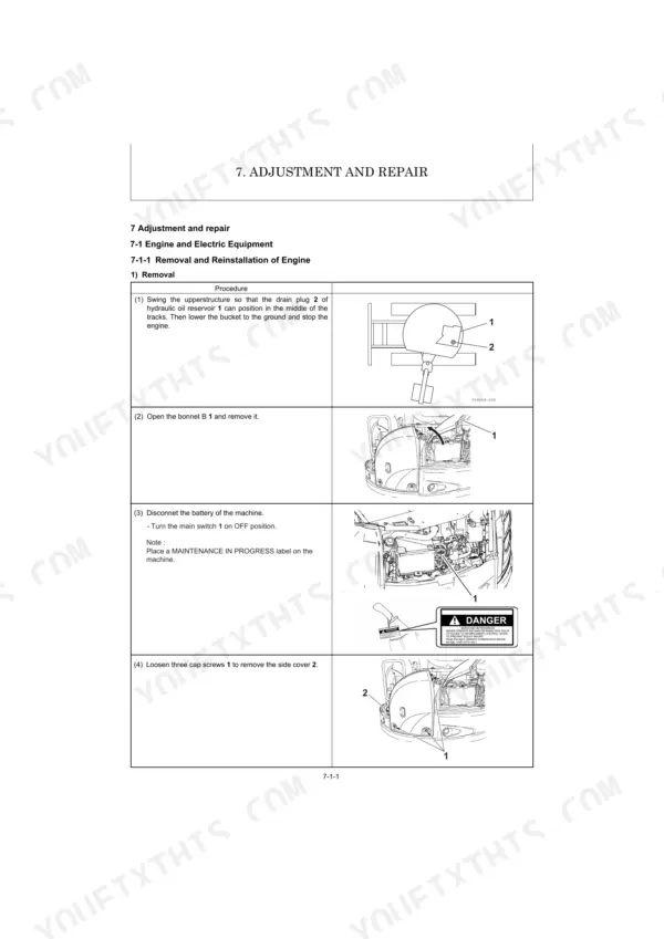 Yanmar ViO33U engine removal procedure steps including bonnet, battery, and side cover removal diagrams.