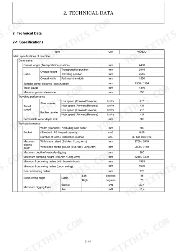 Yanmar ViO33U technical data table showing machine dimensions, traveling performance, and work performance specifications.