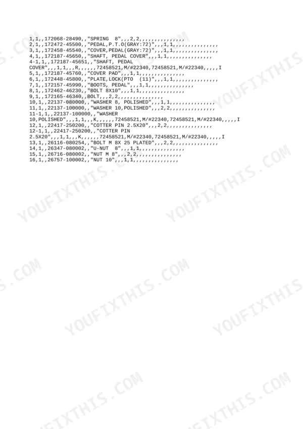 Yanmar Vio35-2 parts list for PTO pedal assembly including springs, shafts, bolts, washers, and cotter pins.