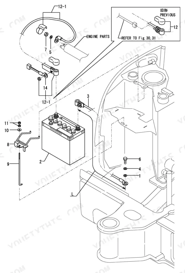 Yanmar Vio35-2 exploded view of battery assembly, cables, and mounting hardware components.