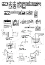 yanmar-vio35-2-crawler-backhoe-parts-catalog-y00k3753-chassis-parts-48.webp Yanmar Vio35-2 safety decal locations, bonnet interior details, and operator station component diagram.