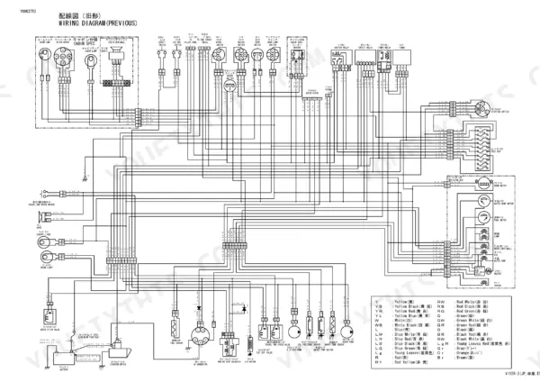 Yanmar Vio35-2 previous version electrical wiring diagram showing cabin, switches, relays, fuse box, and wire color key.
