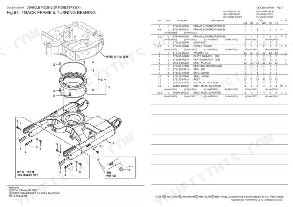 Yanmar ViO35-2 parts catalog — track frame and turning bearing assembly
